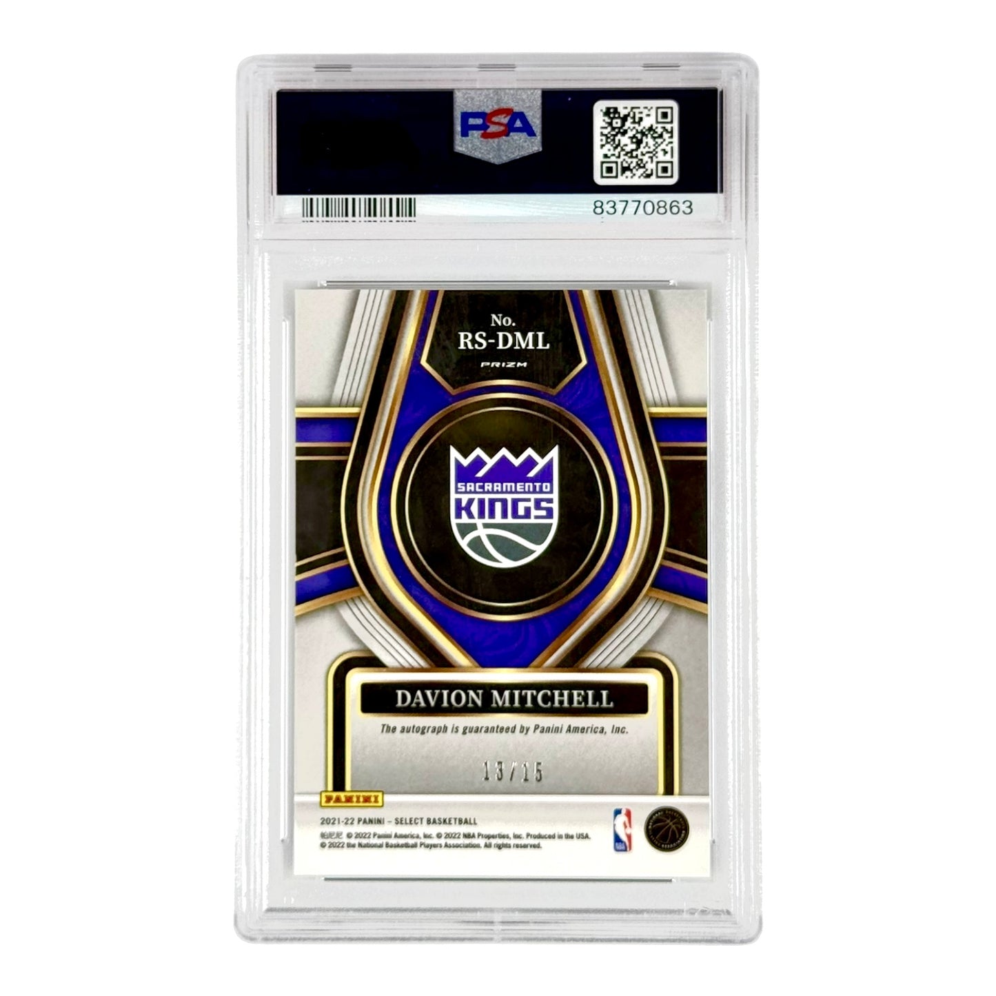 Davion Mitchell 2021 Select Auto Neon Purple Pulsar 13/15 Rookie RC #RSDML PSA 10