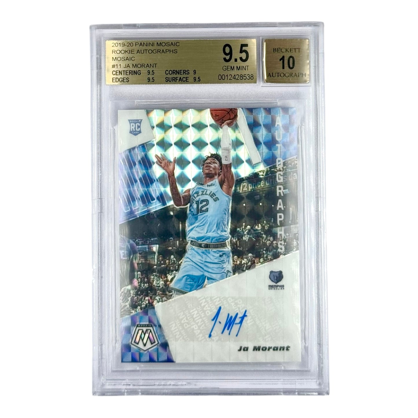 Ja Morant 2019-20 Panini Mosaic Rookie RC Auto #11 BGS 9.5 Auto 10