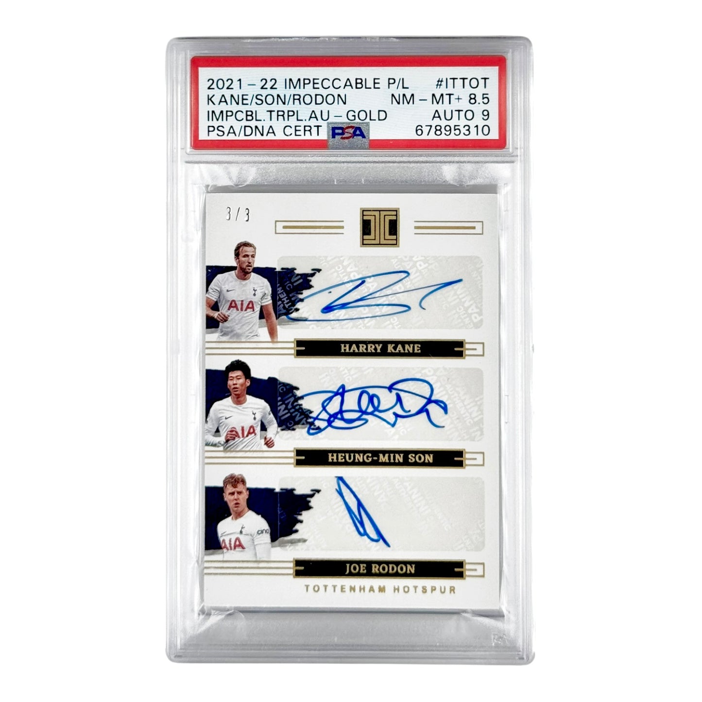 Kane/Son/Rodon 2021-22 Panini Impeccable Triple Auto Gold 3/3 #ITTOT PSA 8.5 Auto 9