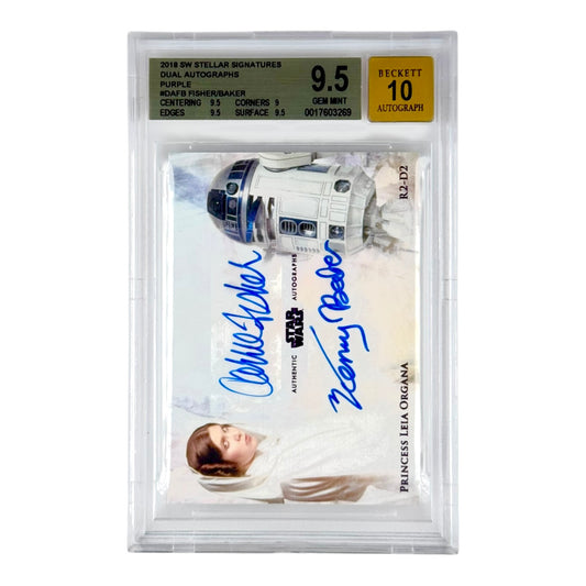 Princess Leia/R2D2 Carrie Fisher & Kenny Baker 2018 Topps Starwars Stellar Dual Auto 05/10 #DAFB BGS 9.5 Auto 10