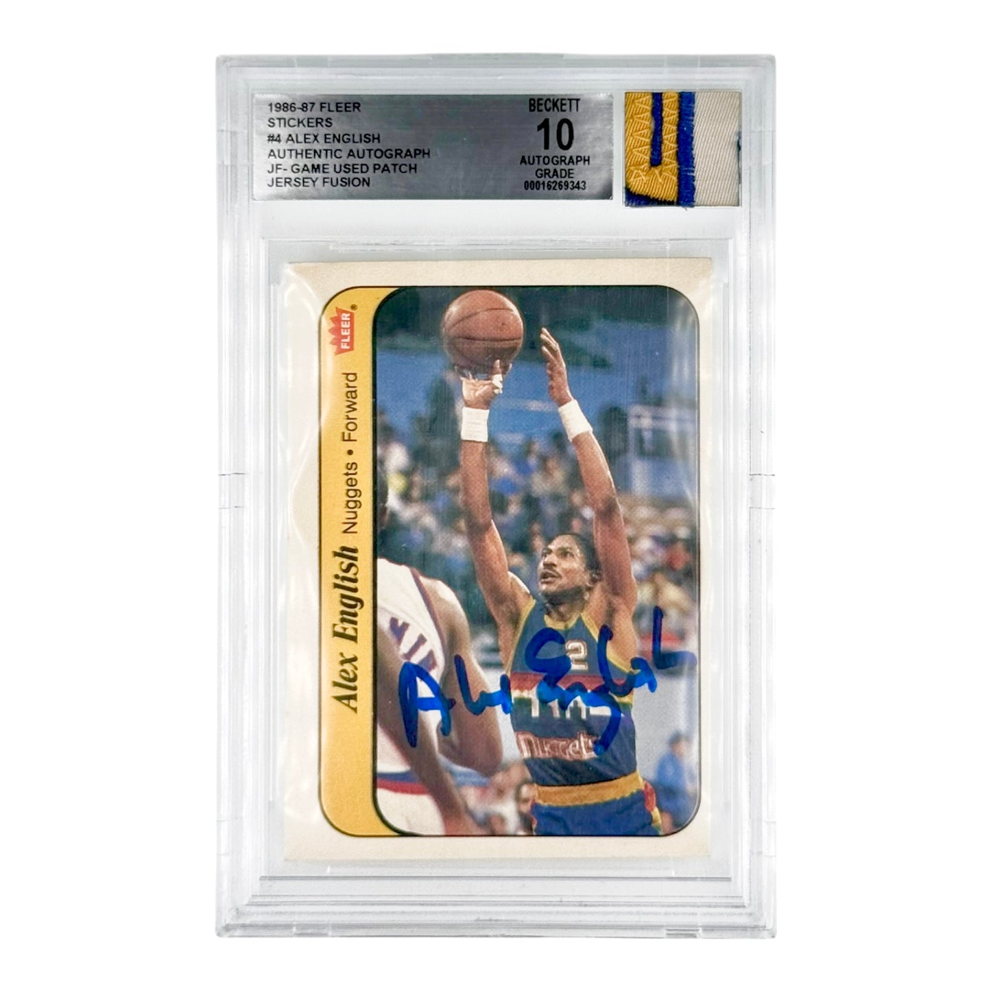 Alex English 1986-87 Fleer Game Used Patch BGS Auto 10