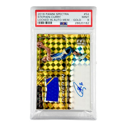 Stephen Curry 2016-17 Panini Spectra Locked In Patch Auto Gold 08/10 #54 PSA 9