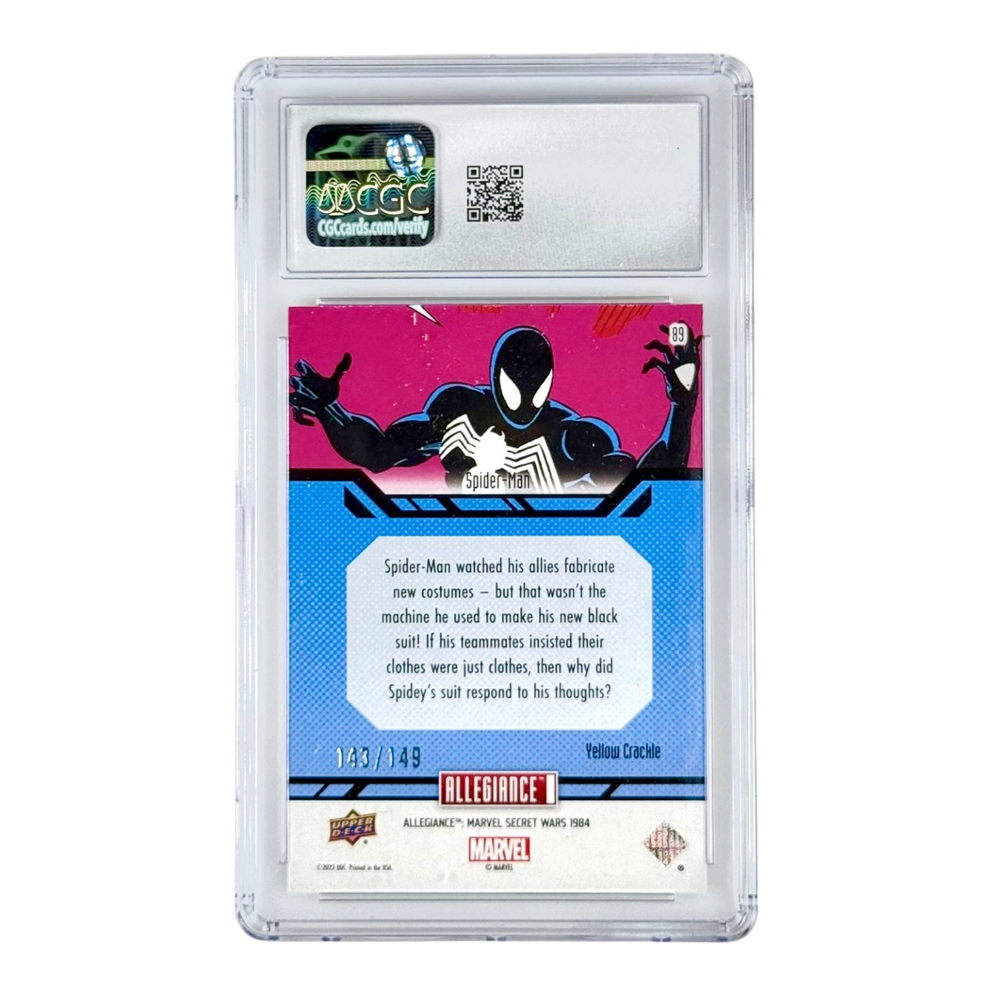 Spider Man 2024 Upper Deck Marvel Secret Wars 1984 Yellow Crackle 143/149 #89 CGC 9
