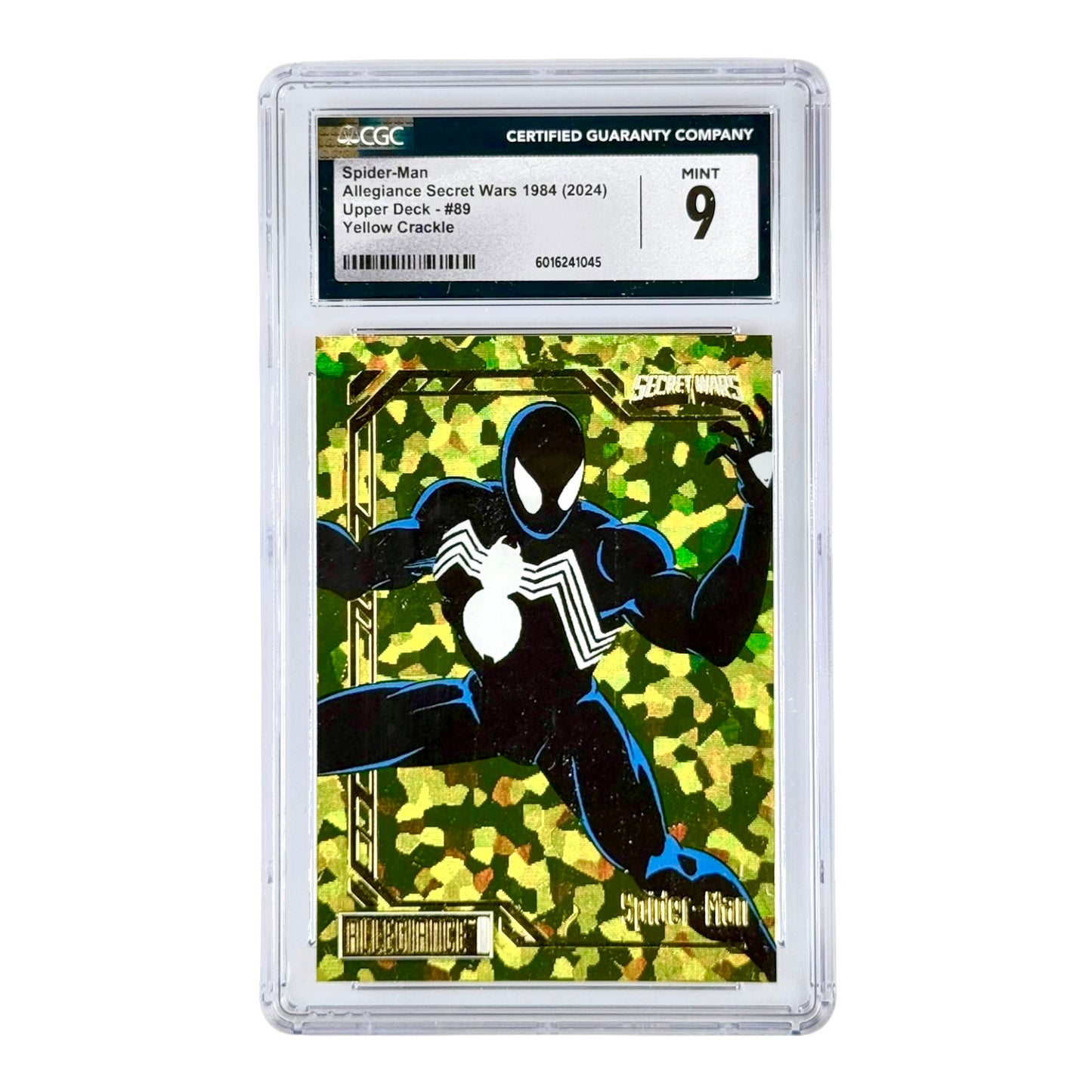 Spider Man 2024 Upper Deck Marvel Secret Wars 1984 Yellow Crackle 143/149 #89 CGC 9