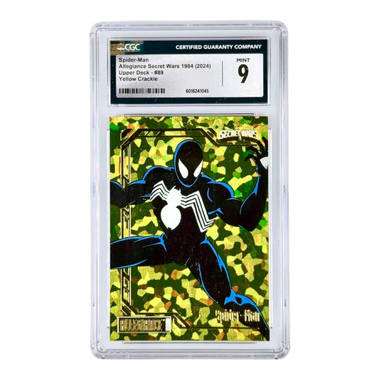 Spider Man 2024 Upper Deck Marvel Secret Wars 1984 Yellow Crackle 143/149 #89 CGC 9