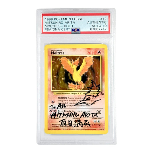 Moltres 1999 Pokemon English Fossil Holo Mitsuhiro Arita Sketch Auto #12 PSA Auto 10