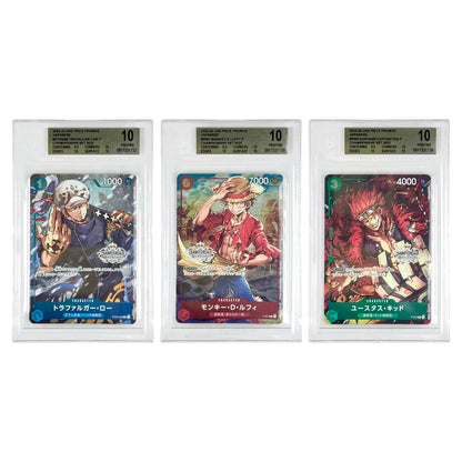 Set of 3 Luffy/Trafalgar Law/Captain Kid 2022 One Piece Japanese Championship Set Promo BGS Printine 10