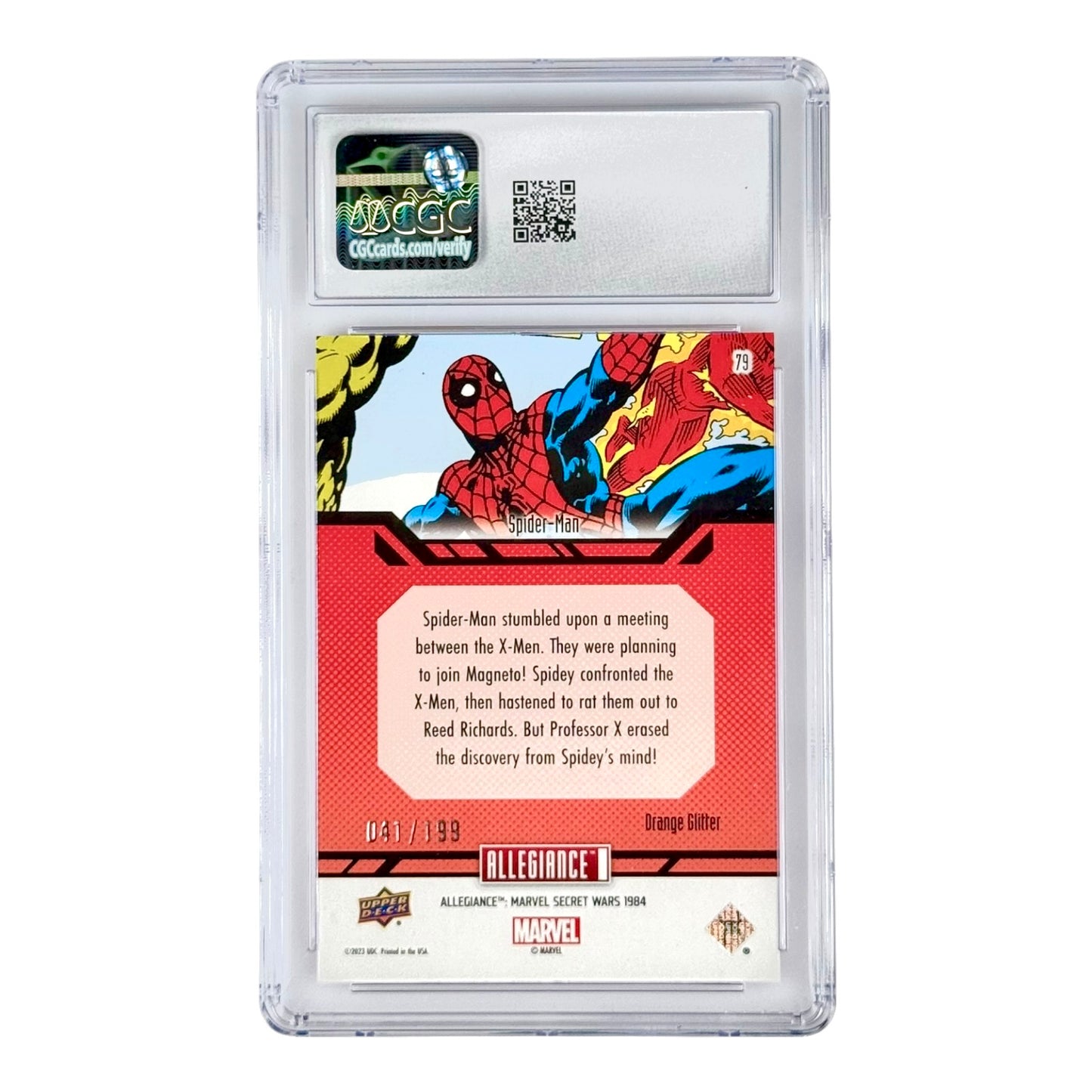 Spider Man 2024 Upper Deck Marvel Secret Wars 1984 Orange Glitter 041/199 #79 CGC 9