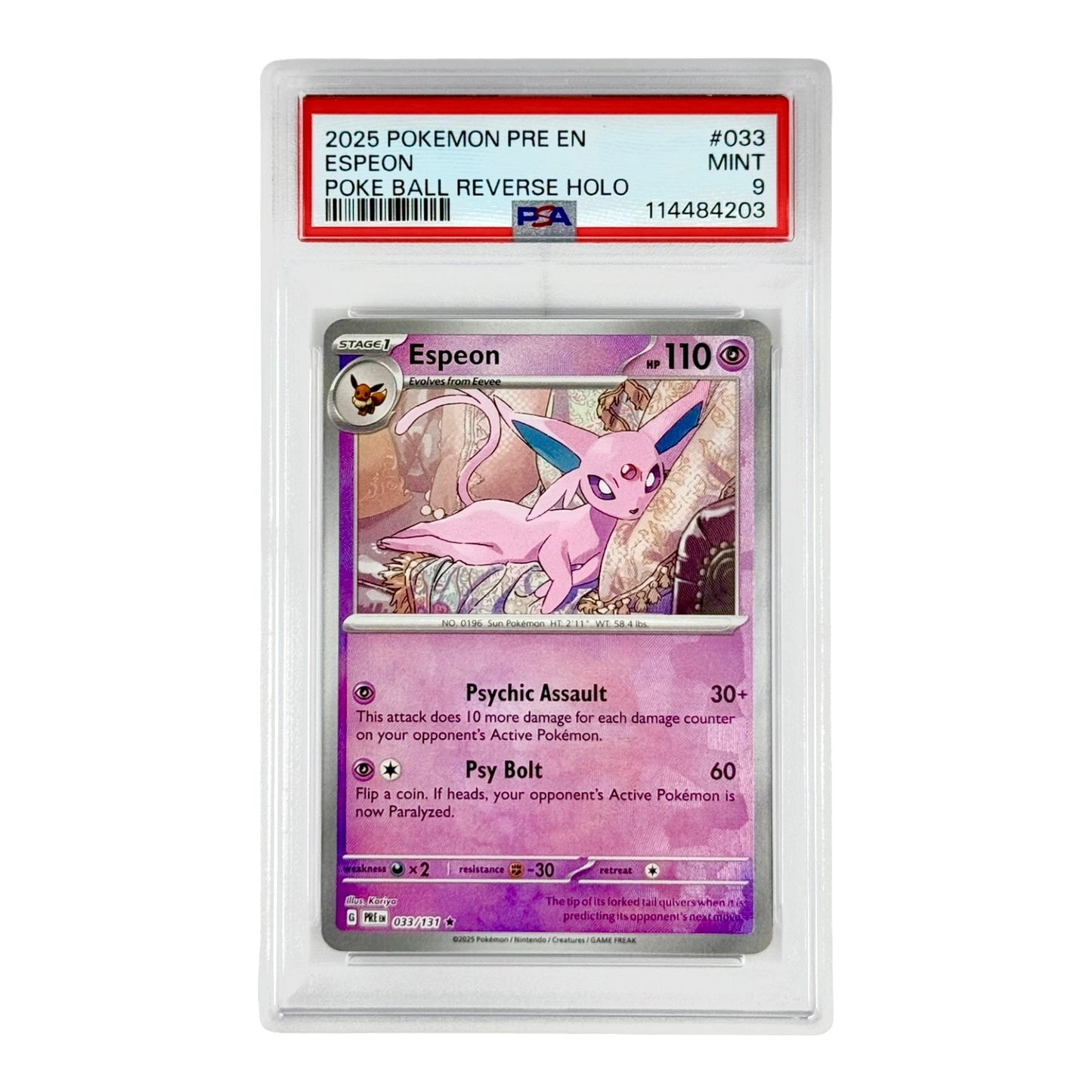 Espeon 2025 Pokemon Prismatic Evolution Poke Ball Reverse Holo #033 PSA 9