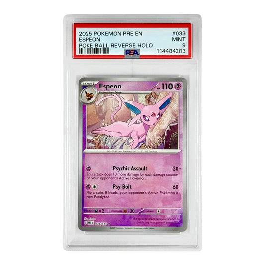Espeon 2025 Pokemon Prismatic Evolution Poke Ball Reverse Holo #033 PSA 9