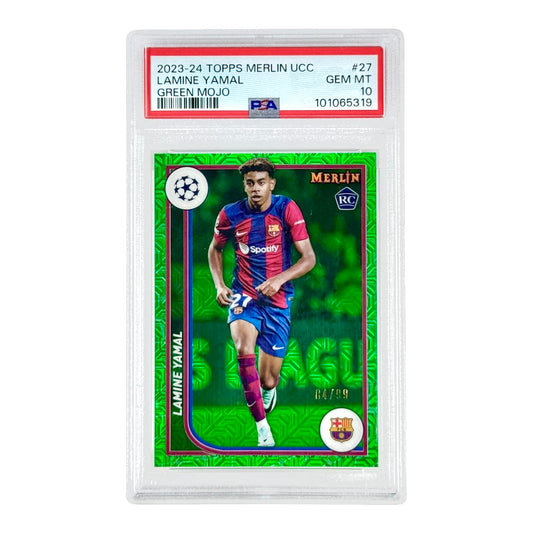 Lamine Yamal 2023-24 Topps Merin Green Mojo 84/99 Rookie RC #027 PSA 10