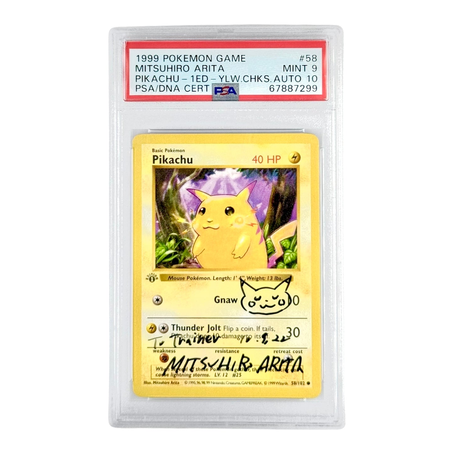 Pikachu 1999 Pokemon English 1st Edition Yellow Cheeks Mitsuhiro Arita Sketch Auto #58 PSA Auto 10