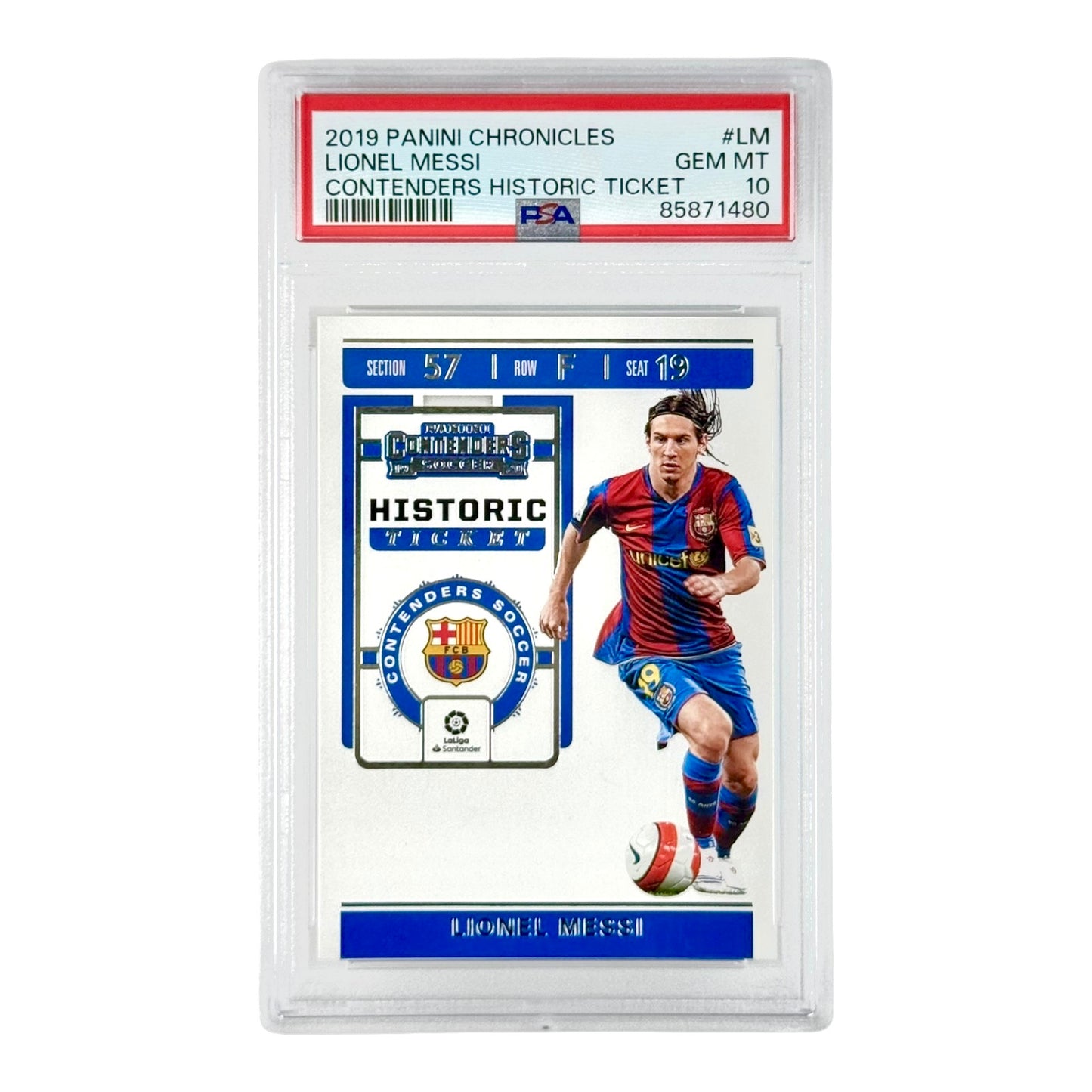 Lionel Messi 2019 Panini Chronicles Contenders Historic Ticket #LM PSA 10