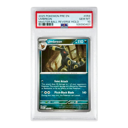 Umbreon 2025 Pokemon English Prismatic Evolution Master Ball Reverse Holo #059 PSA 10