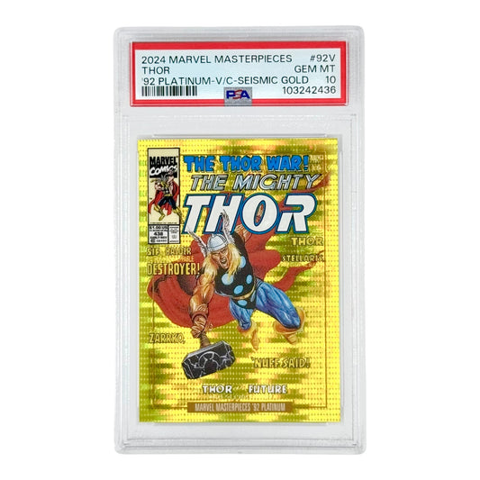 Thor 2024 Skybox Marvel Masterpieces Seismic Gold 64/92 #92V PSA 10