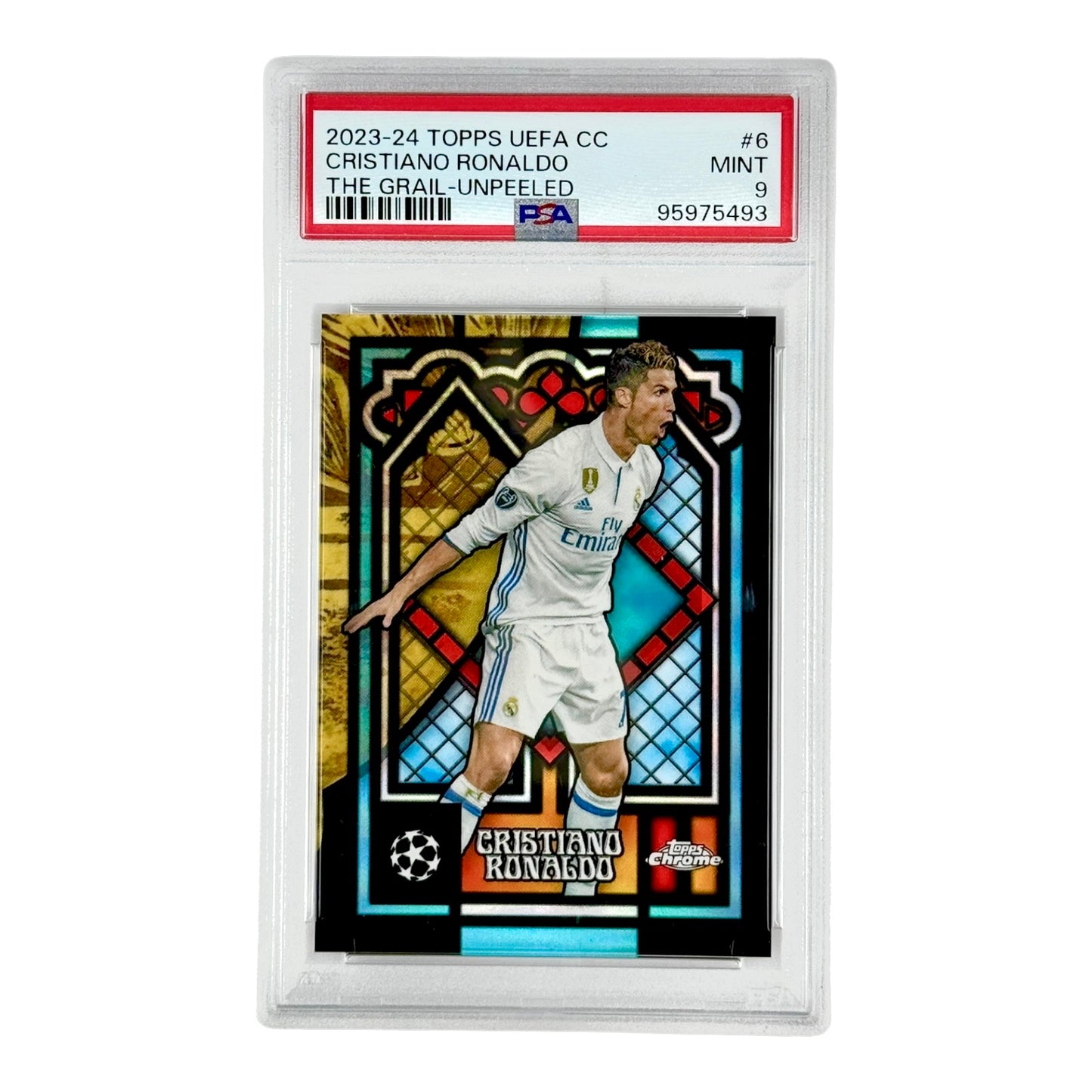 Cristiano Ronaldo 2023-24 Topps Chrome UEFA The Grail-Unpeeled #6 PSA 9