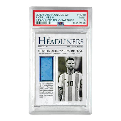 Lionel Messi 2023 Futera Unique Headliners Jersey Relic Sapphire 05/10 #HD20 PSA 9