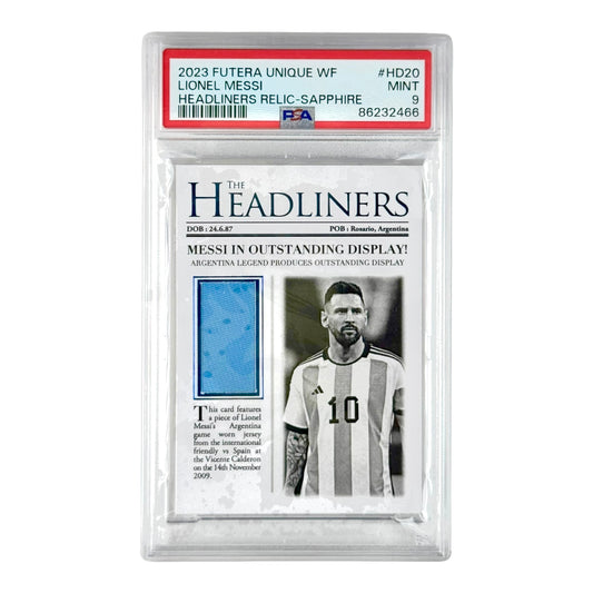 Lionel Messi 2023 Futera Unique Headliners Jersey Relic Sapphire 05/10 #HD20 PSA 9