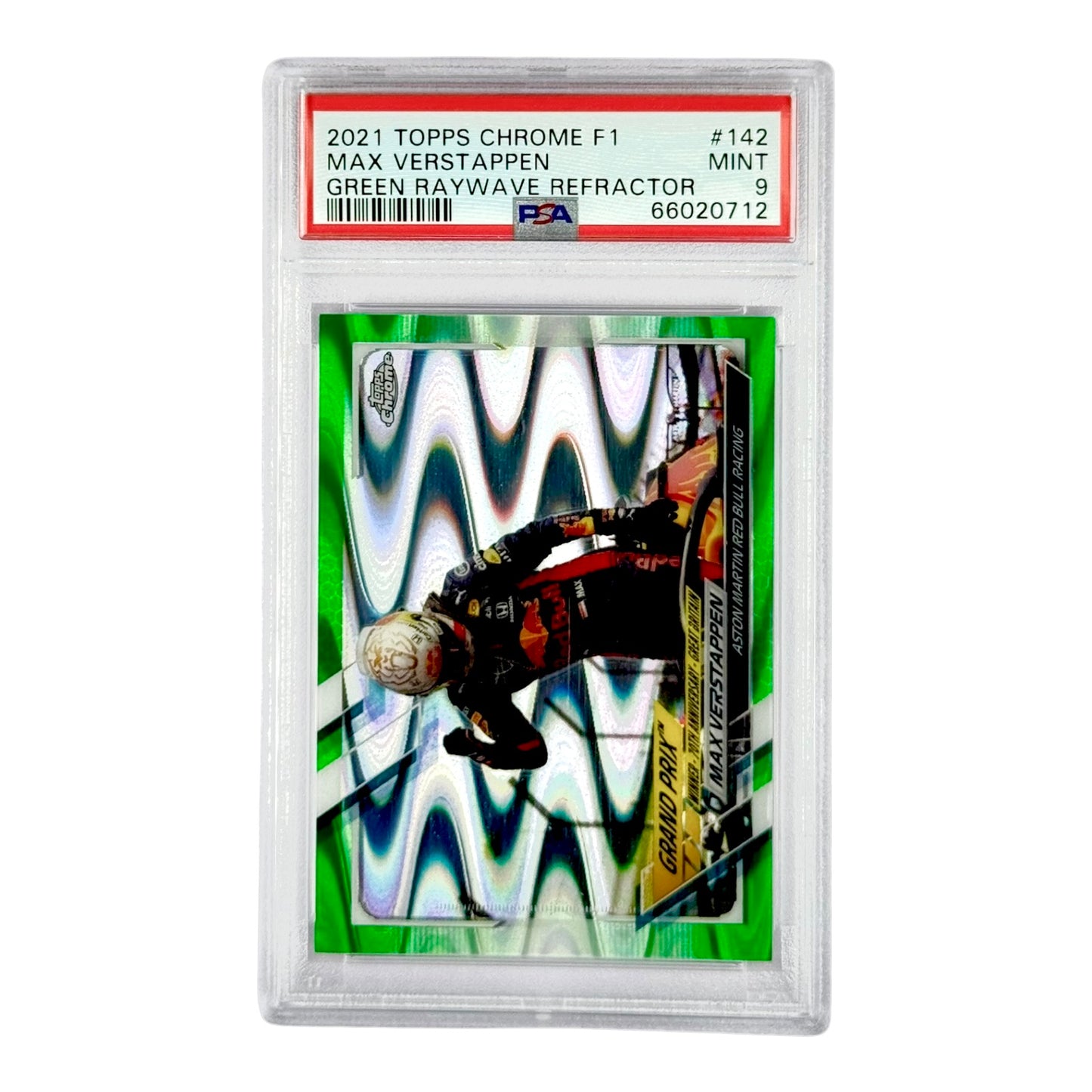 Max Verstappen 2021 Topps Chrome F1 Green Raywave Refractor 98/99 #142 PSA 9