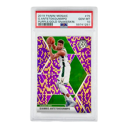 Giannis Antetokounmpo 2019-20 Panini Mosaic Purple Gold Snakeskin 08/20 #75 PSA 10