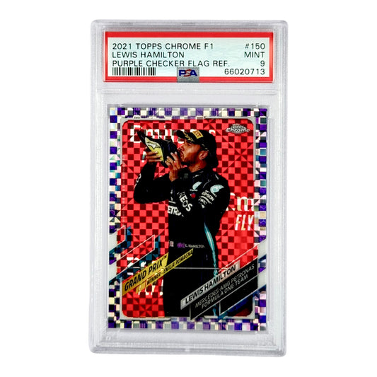 Lewis Hamilton 2021 Topps Chrome F1 Purple Checker Flag Ref. 051/199 #150 PSA 9