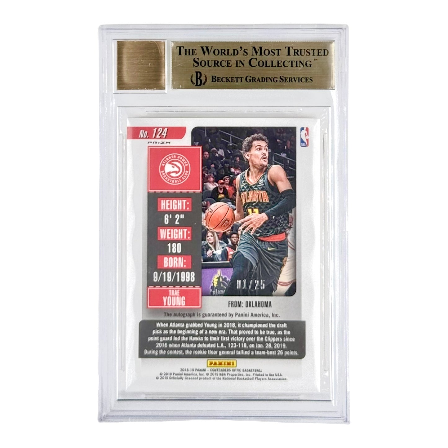 Trae Young 2018-19 Panini Donruss Optic Rookie RC Ticket Auto Variation Orange 01/25 BGS 9.5 Auto 9