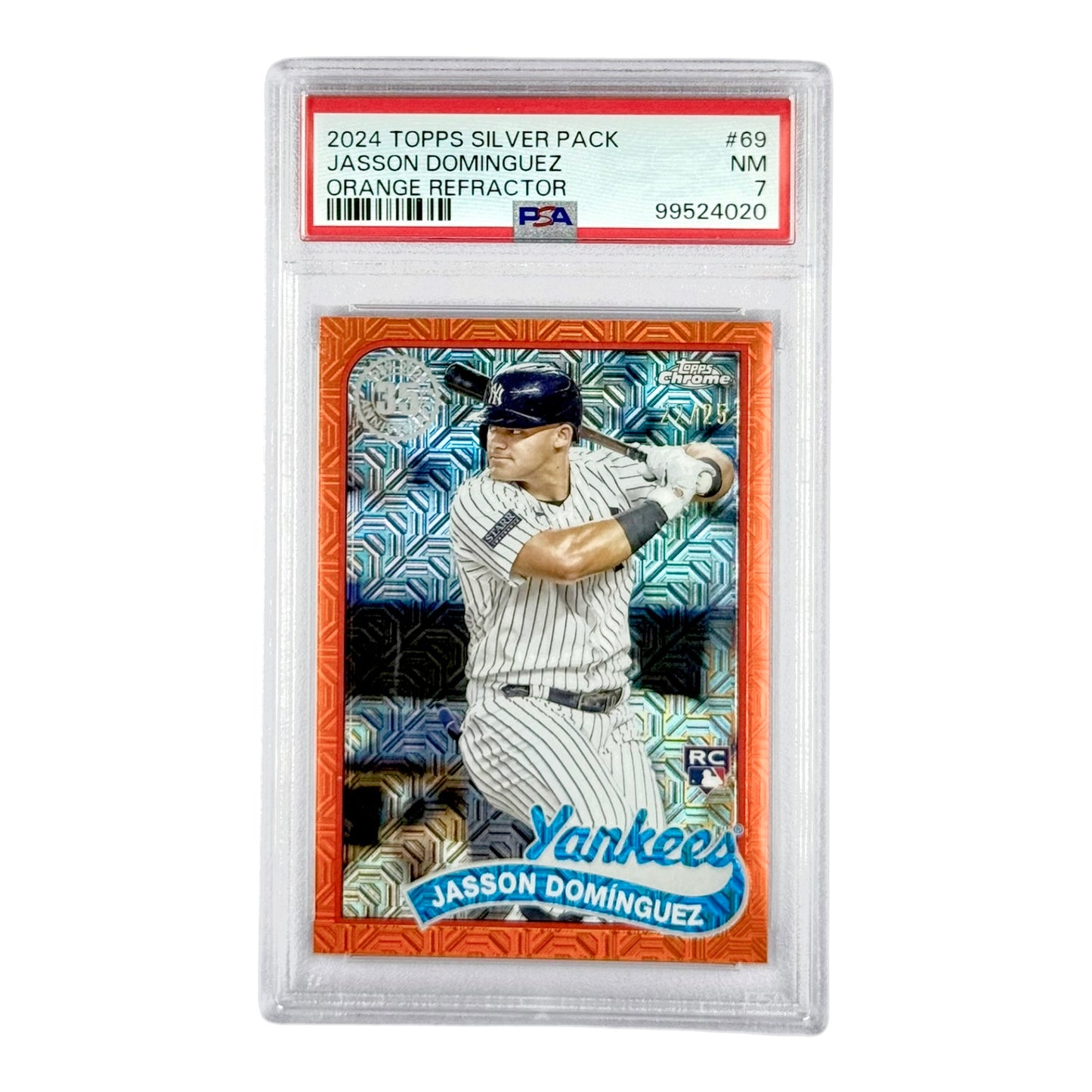 Jasson Dominguez 2024 Topps Silver Pack Orange Refractor 22/25 Rookie RC #69 PSA 7