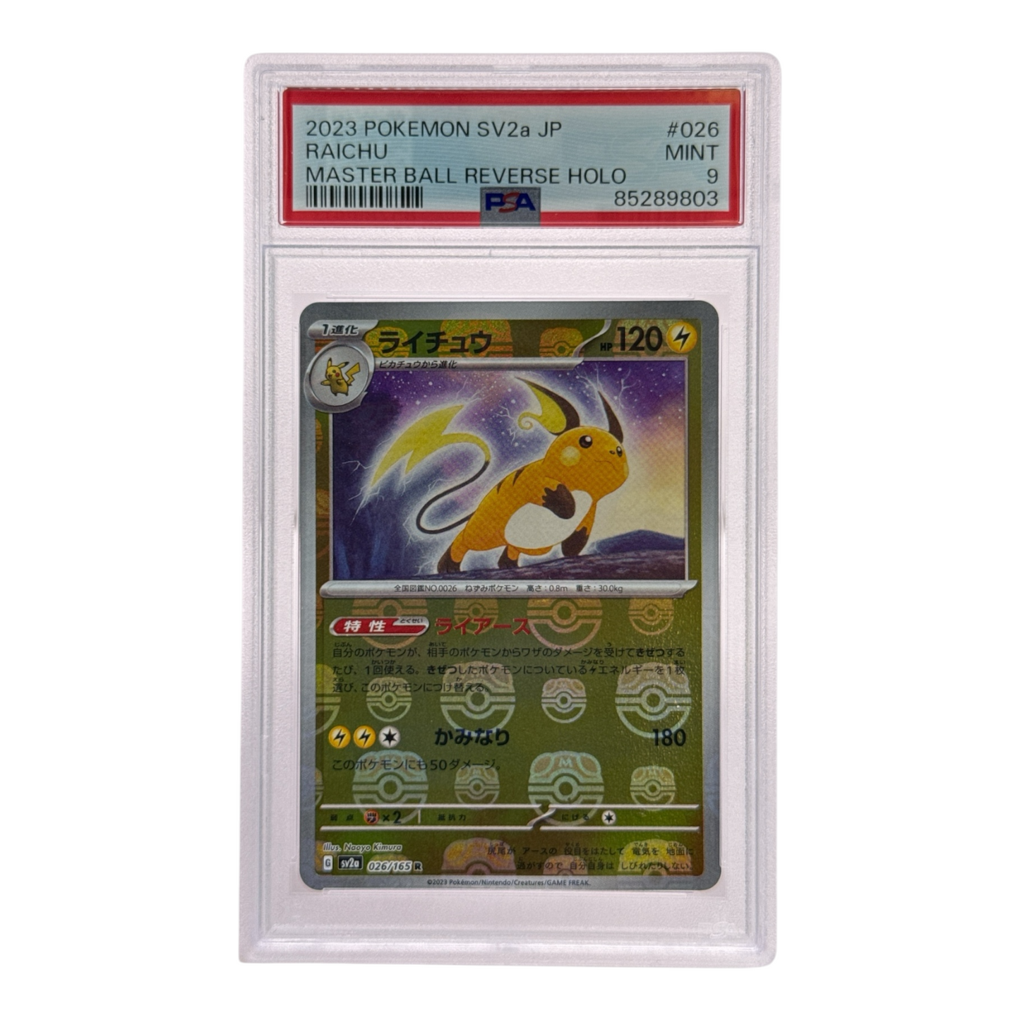 RAICHU 2023 POKEMON SV2A JAPANESE MASTER BALL REVERSE HOLO PSA 9 MINT