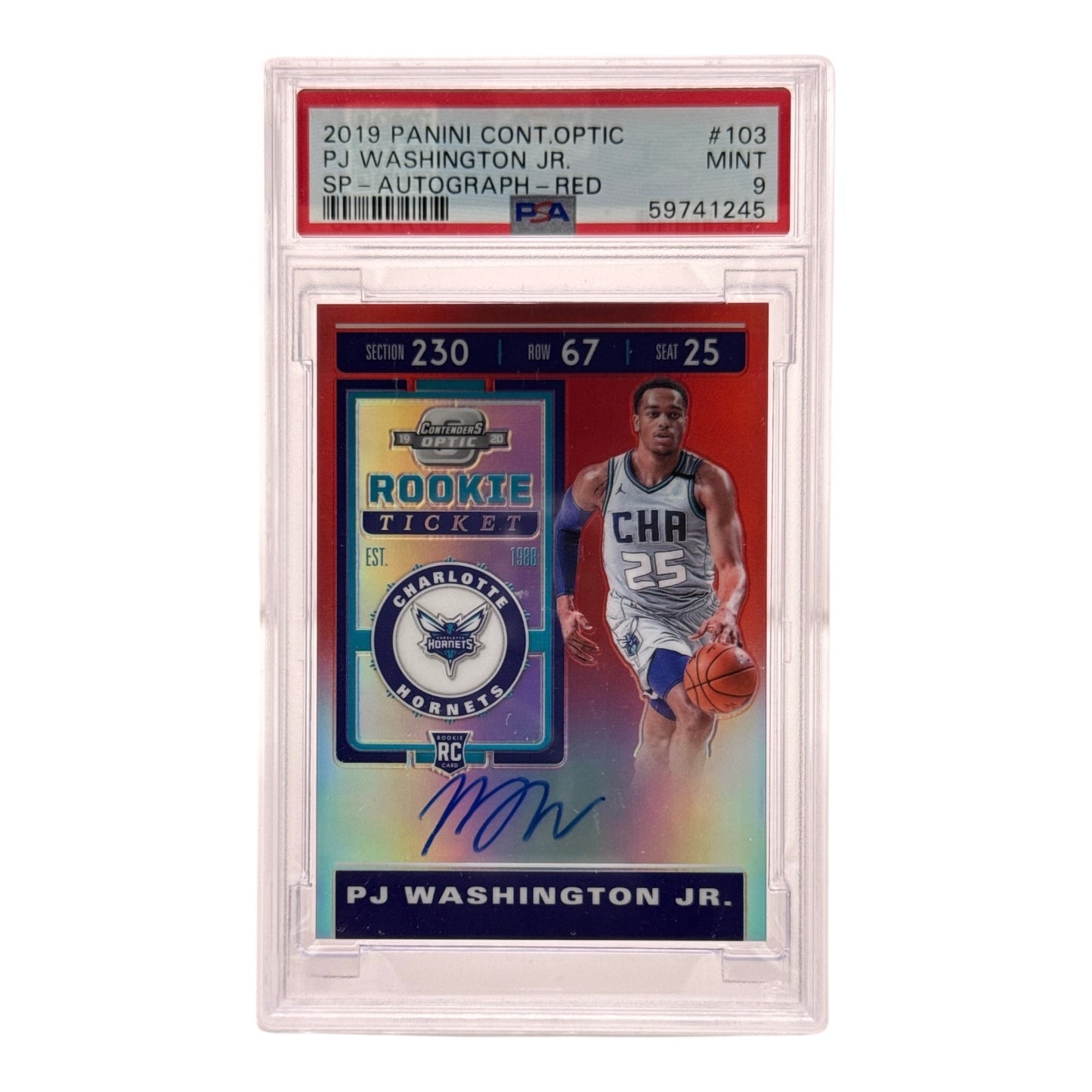 PJ Washington JR. 2019-20 Panini Contenders Optic On Card Auto Red Variation 73/75 Rookie RC #103 PSA 9