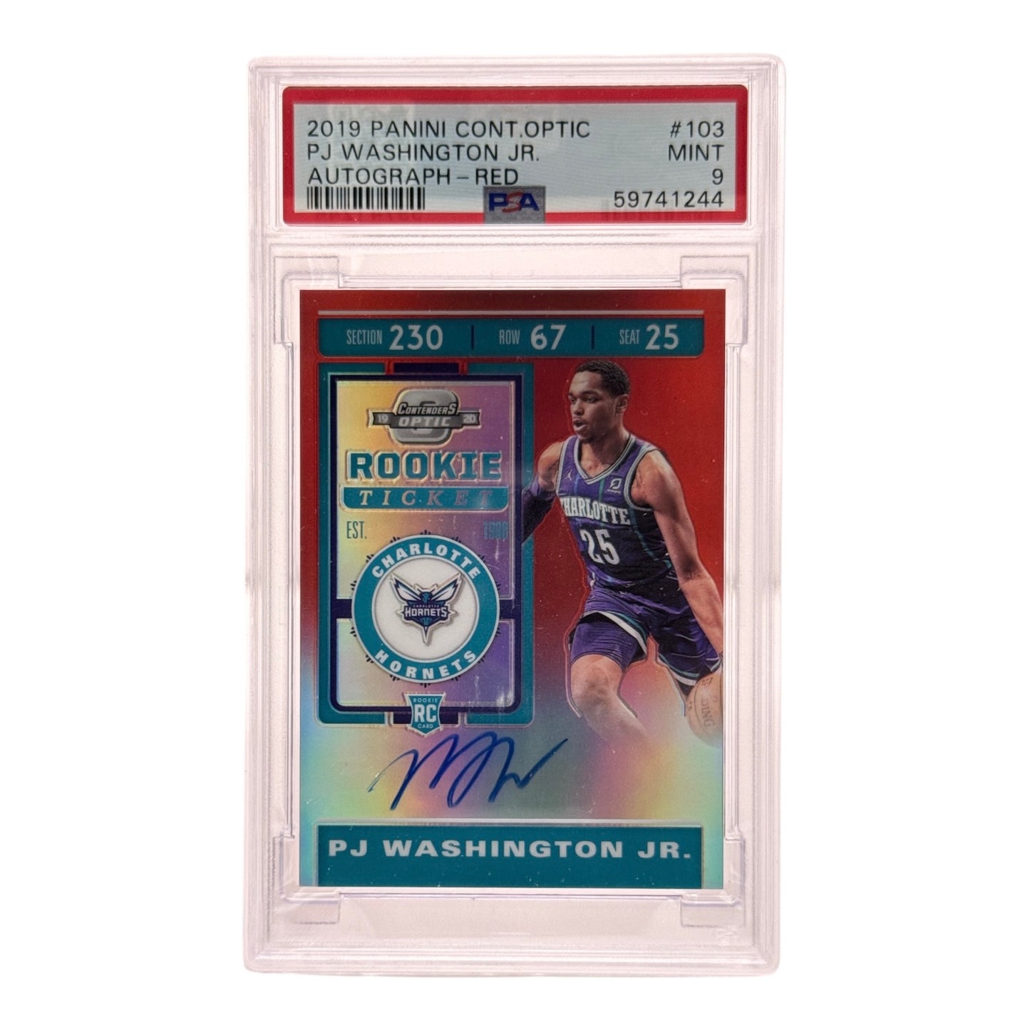 PJ Washington JR. 2019-20 Panini Contenders Optic On Card Auto Red 33/75 Rookie RC #103 PSA 9