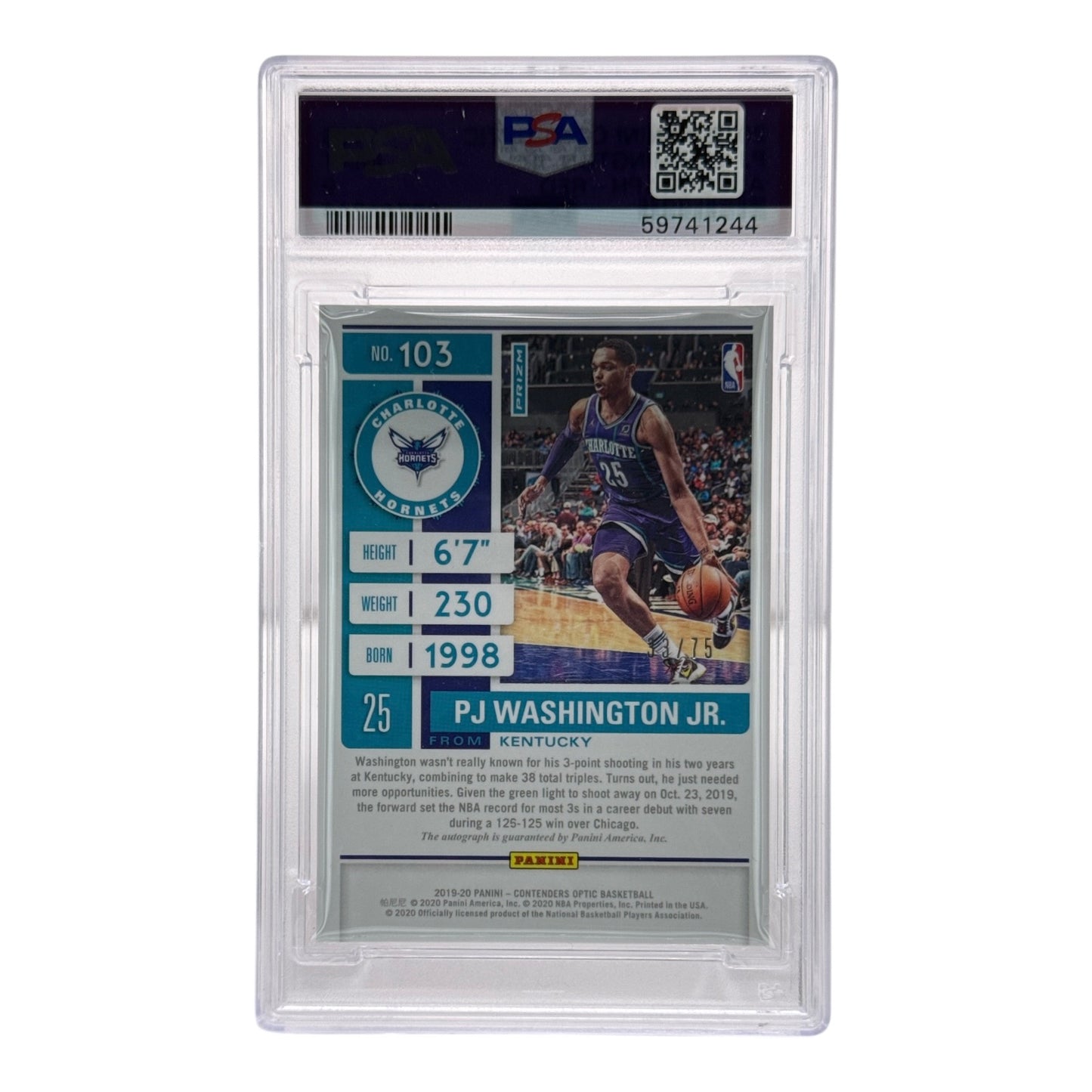 PJ Washington JR. 2019-20 Panini Contenders Optic On Card Auto Red 33/75 Rookie RC #103 PSA 9