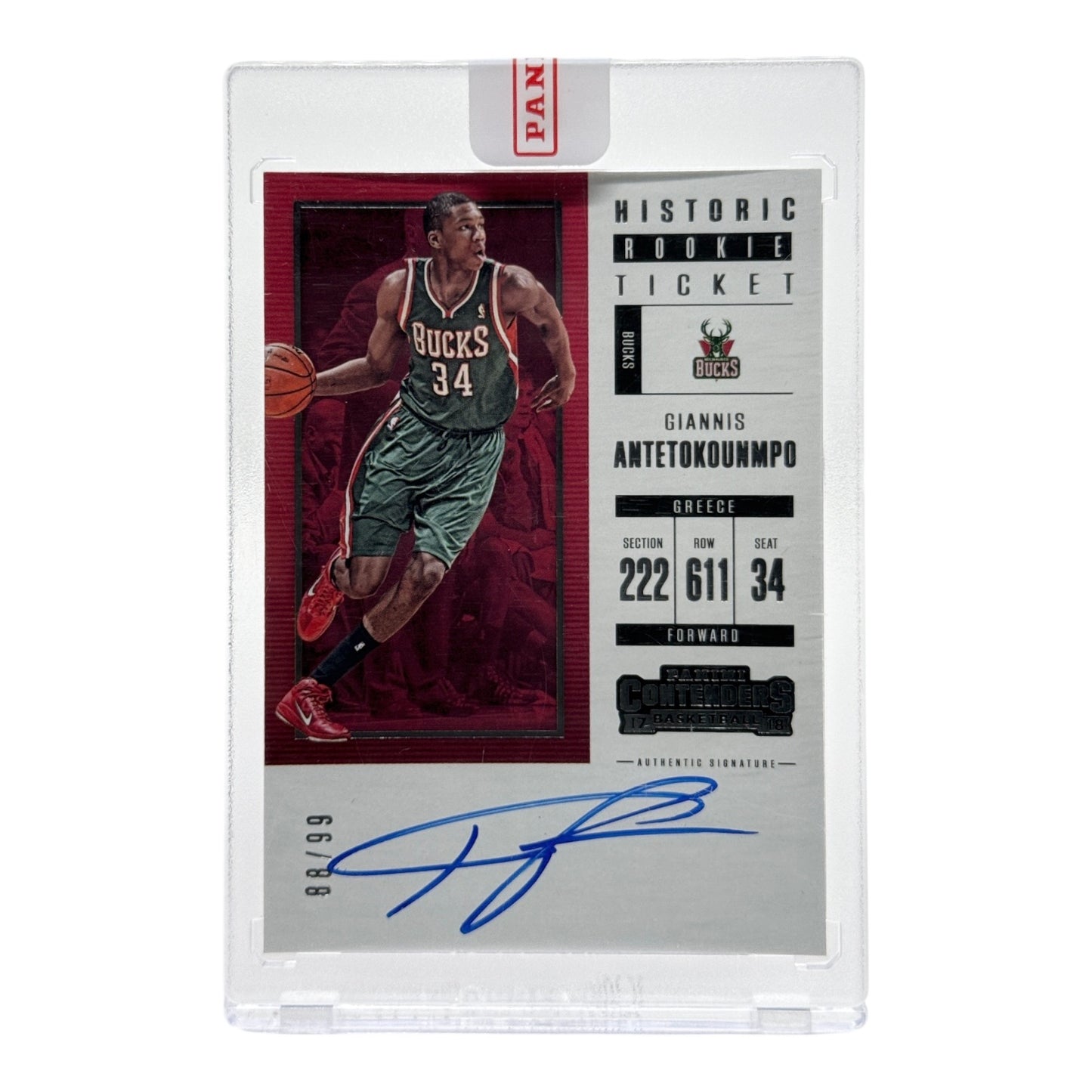 Giannis Antetokounmpo 2017-18 Panini Contenders Historic Rookie Ticket Auto 88/99 #HRT-GA