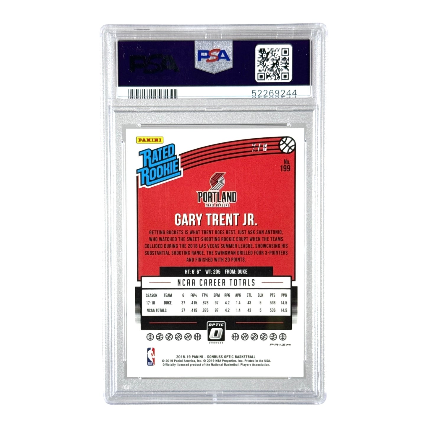 Gary Trent Jr. 2018-19 Panini Donruss Optic Black Gold 2/8 Rookie RC #199 PSA 9