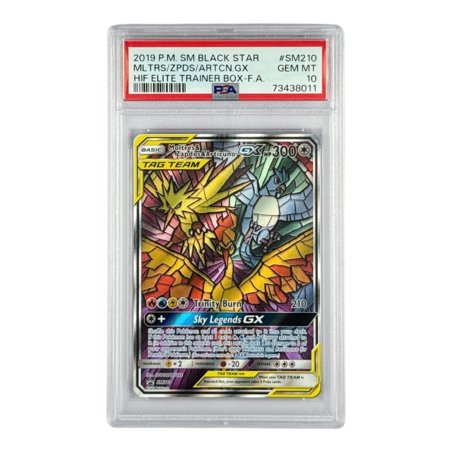 Moltres/Zapdos/Articuno 2019 Pokemon English Sun & Moon Black Star Elite Trainer Box Full Art #SM210 PSA 10