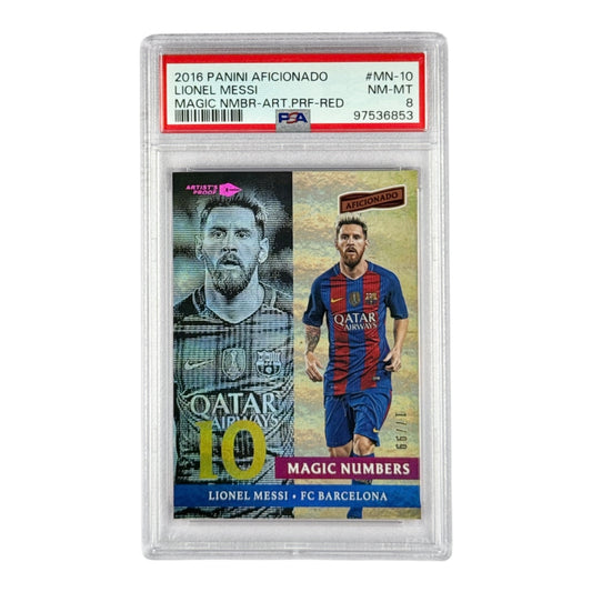 Lionel Messi 2016 Panini Aficionado Artist Proof Red 17/99 #MN-10 PSA 8