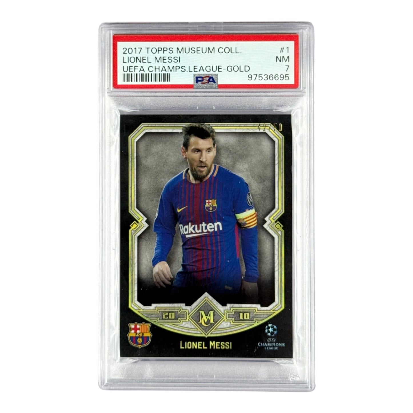 Lionel Messi 2017 Topps Museum UEFA CHampions League Gold 42/50 #1 PSA 7