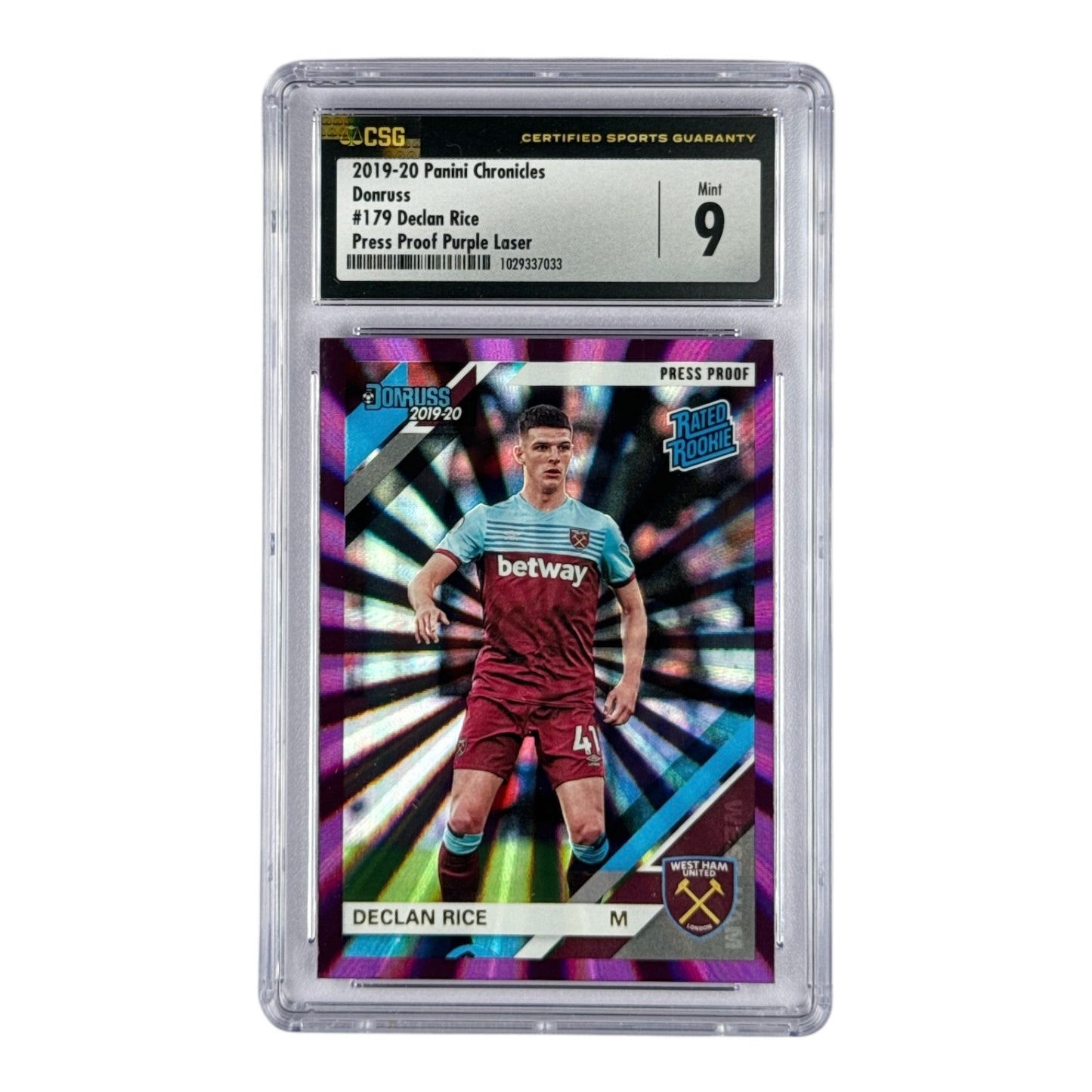 Declan Rice 2019-20 Panini Donruss Rated Rookie Press Proof Purple Laser RC #179 CSG 9