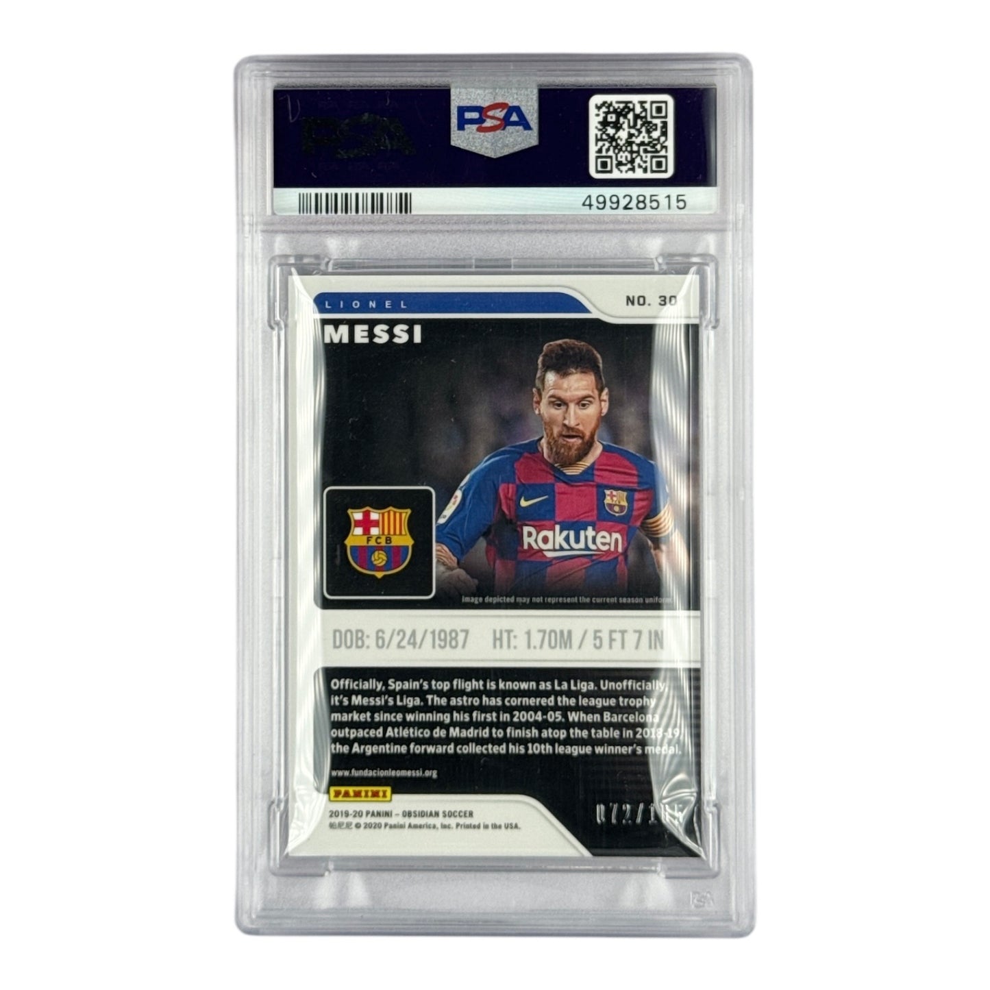 Lionel Messi 2019-20 Panini Obsidian 072/165 #30 PSA 10