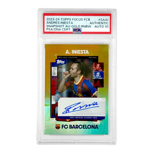 Andres Iniesta 2023-24 Topps Focus FCB Snapshot Auto Gold 36/50 #SAAI PSA Auto 10