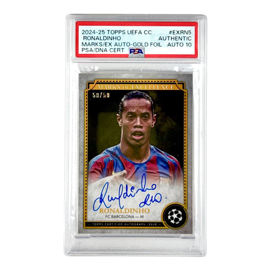 Ronaldinho 2024-25 Topps UEFA UCC Marks Of Excellence Auto Gold Foil 50/50 #EXRN5 PSA Auto 10