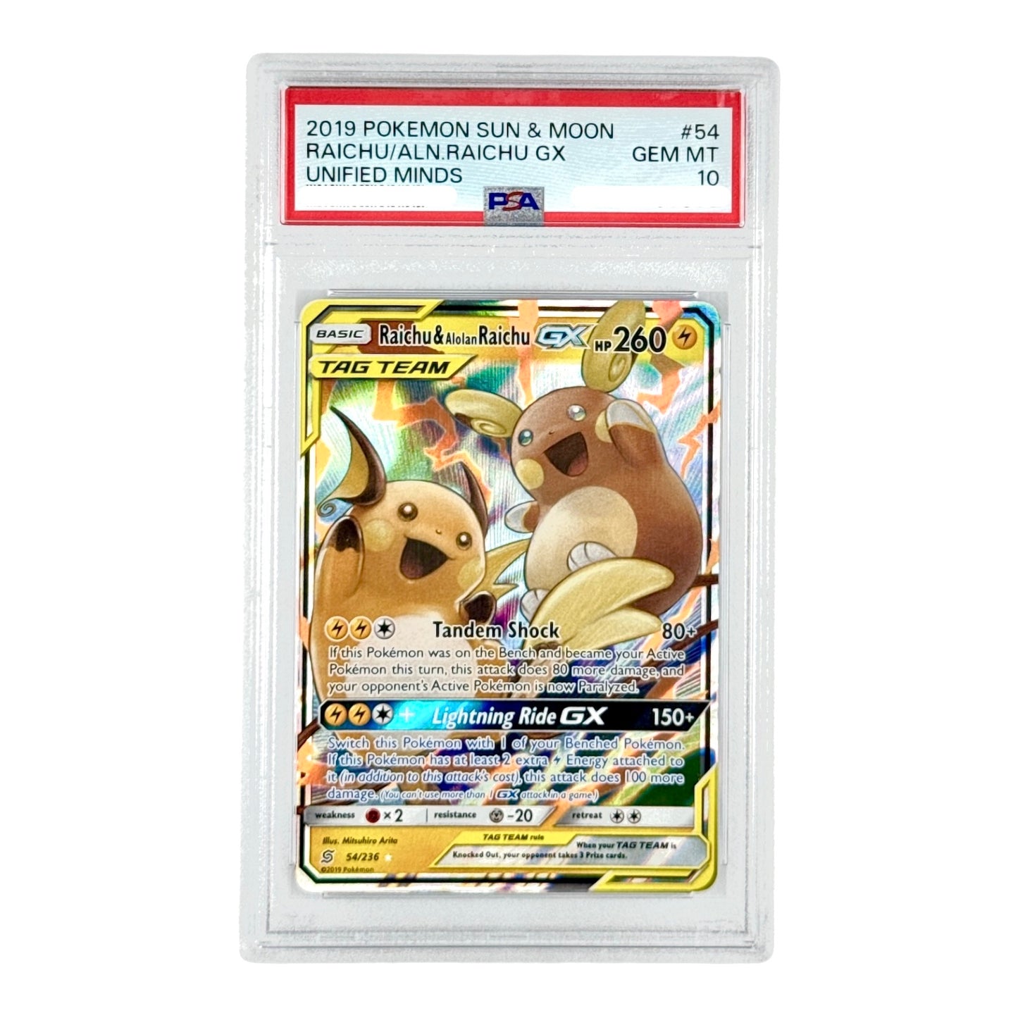Raichu/Alolan Raichu 2019 Pokemon English Sun & Moon Tag Team Unified Minds #54 PSA 10