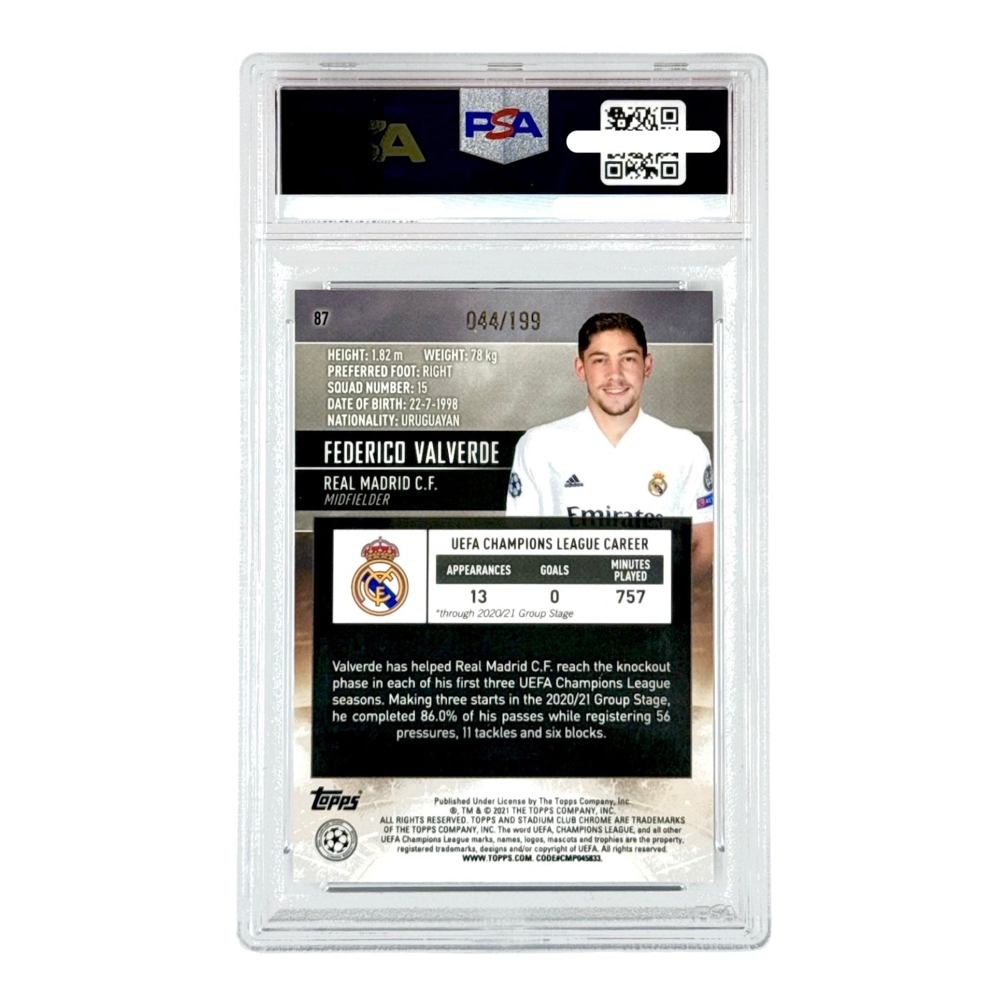 Federico Valverde 2020-21 Topps Chrome Stadium Club UCL Aqua Refractor 044/199 #087 PSA 10