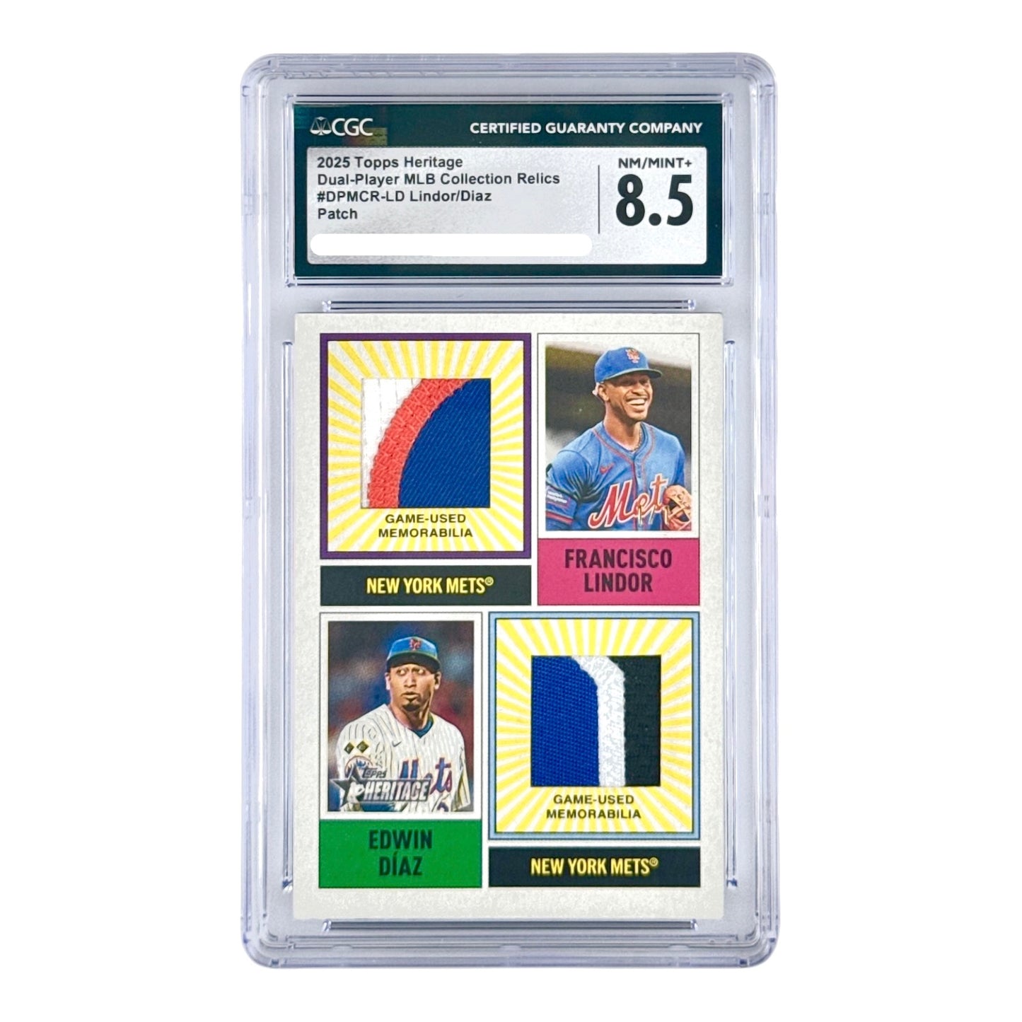 Francisco Lindor/Edwin Diaz 2025 Topps Heritage Dual Player MLB Collection Relics Patch 1/1 #DPMCR-LD CGC 8.5
