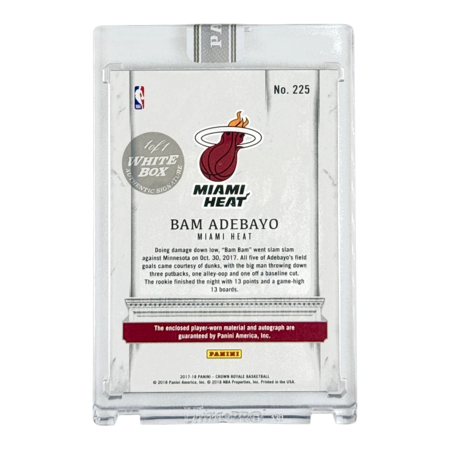 Bam Adebayo 2017-18 Crown Royale Player-worn Patch Auto Rookie RC White Box 1/1 #225