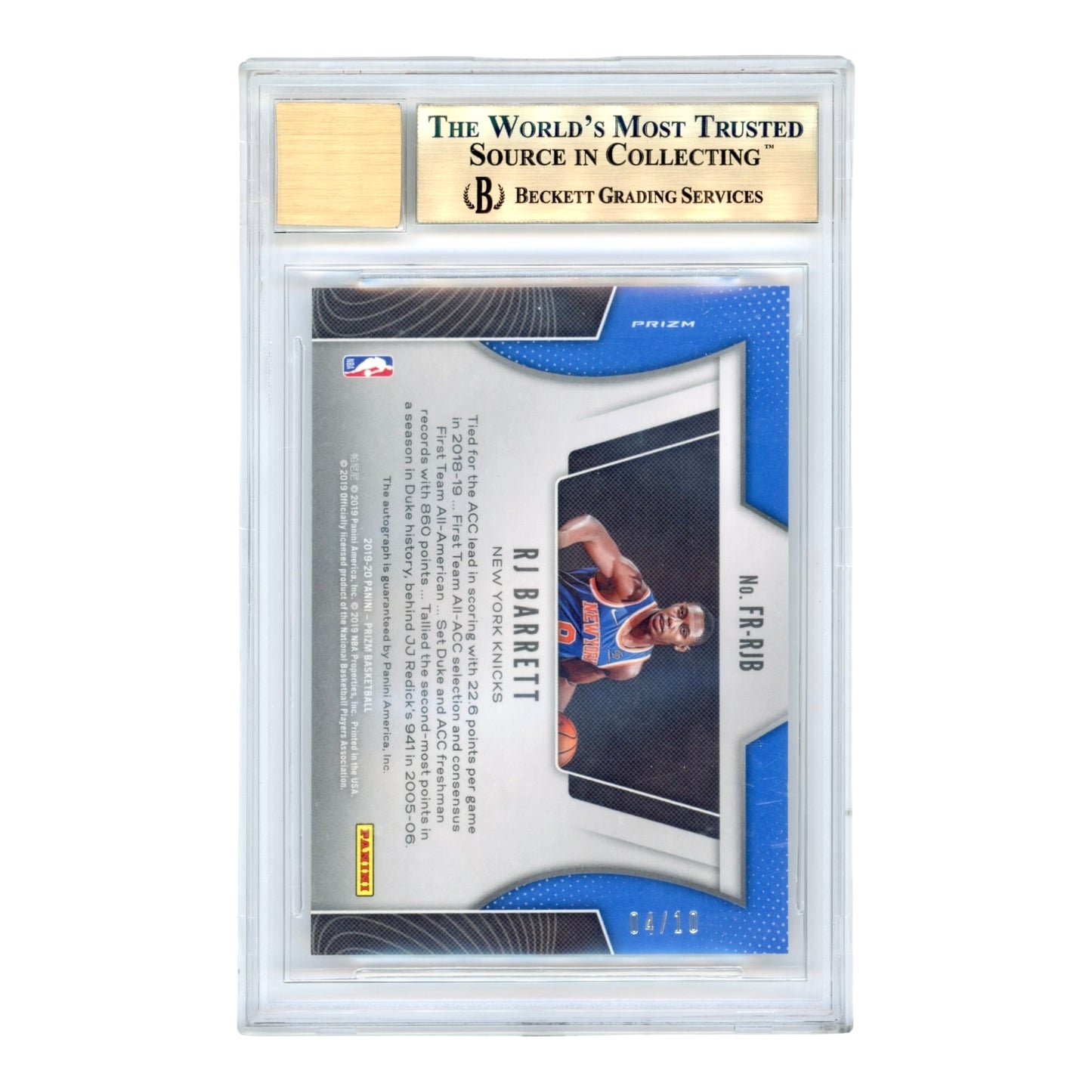 RJ Barrett 2019-20 Prizm Fast Break Auto Gold 04/10 Rookie RC BGS 9.5 Auto 10