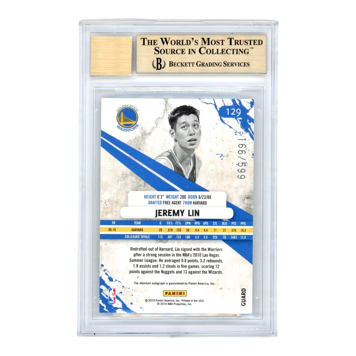 Jeremy Lin 2010-11 Rookies & Stars Longevity Signatures Auto 166/599 Rookie RC #129 BGS 9.5 Auto 10