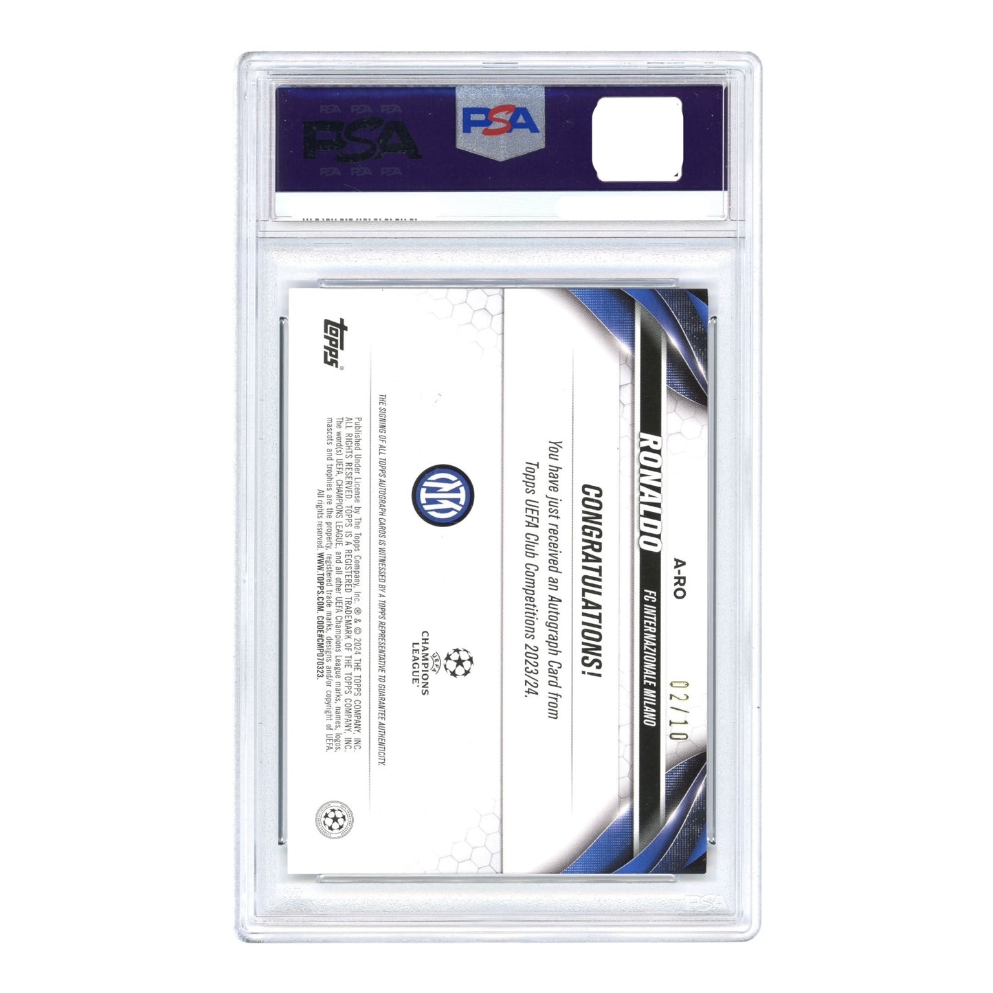 Ronaldo 2023-24 Topps UEFA Club Cup Auto 02/10 #ARO PSA 9 Auto 10