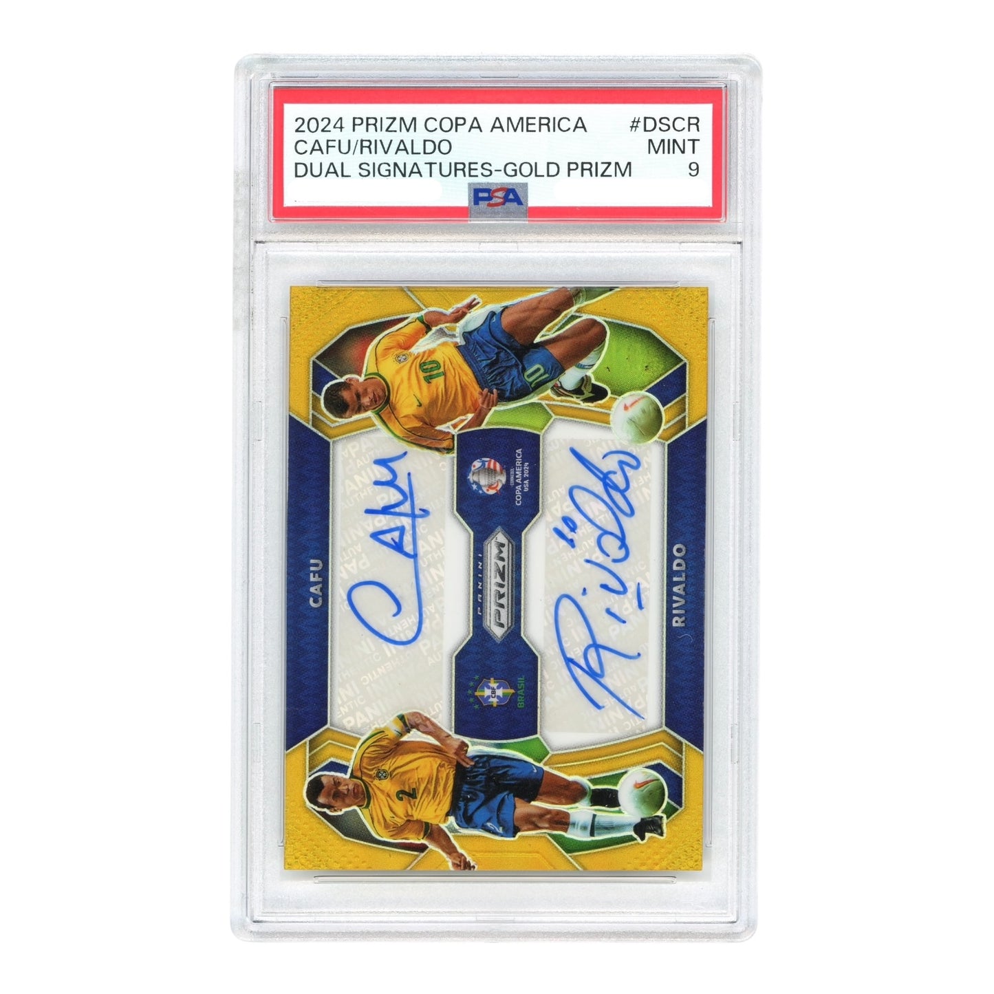 Cafu/Rivaldo 2024 Prizm Copa America Dual Auto Gold 08/10 #DSCR PSA 9