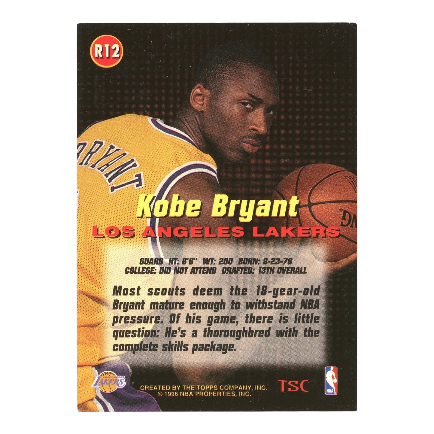 Kobe Bryant 1995 Topps Stadium Club Rookie RC #R12