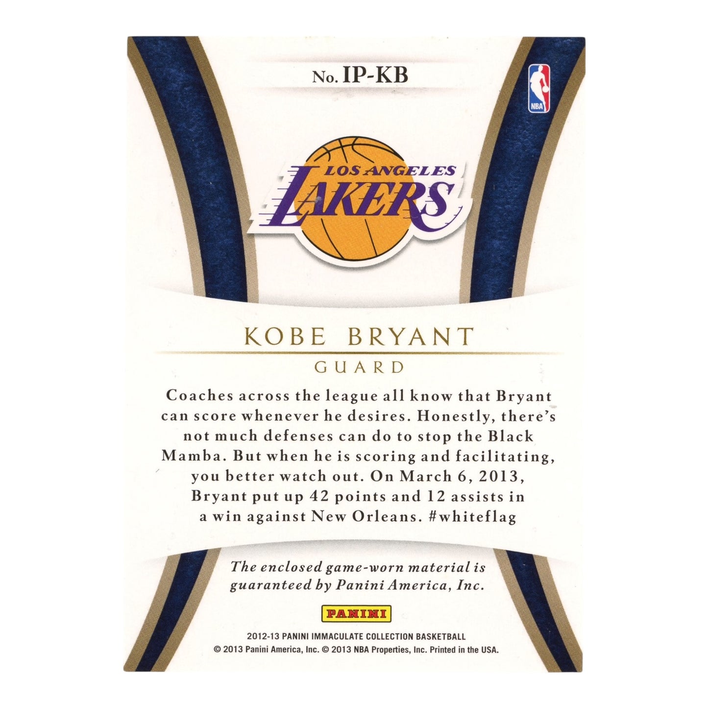 Kobe Bryant 2012-13 Immaculate Collection Game-Worn Jumbo Patch 17/32 #IP-KB